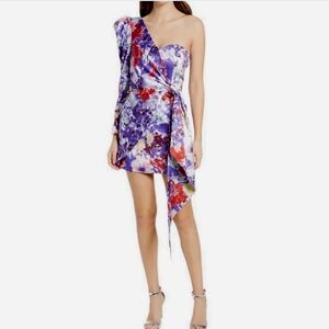 NWT Lavish Alice Floral One-Shoulder Satin Mini Dress 10 Garden Party Dress
